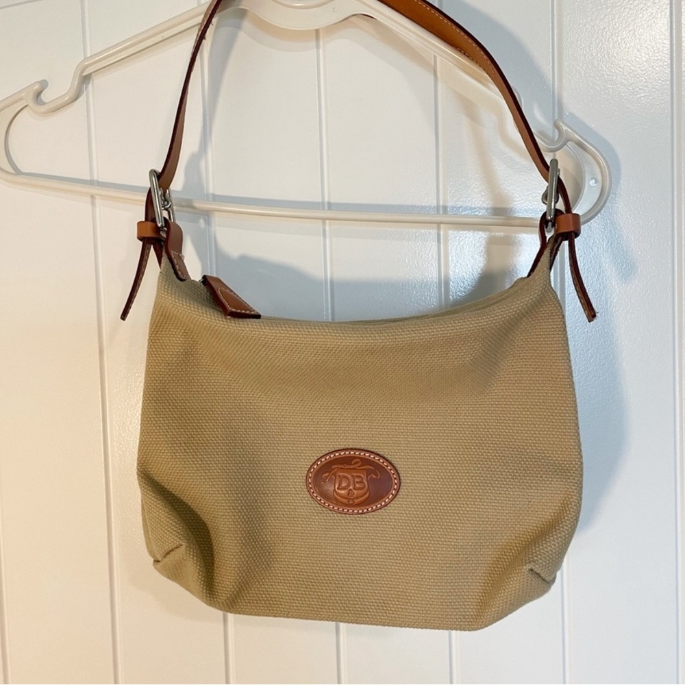 Dooney and Bourke brown leather and tan canvas small shoulder bag